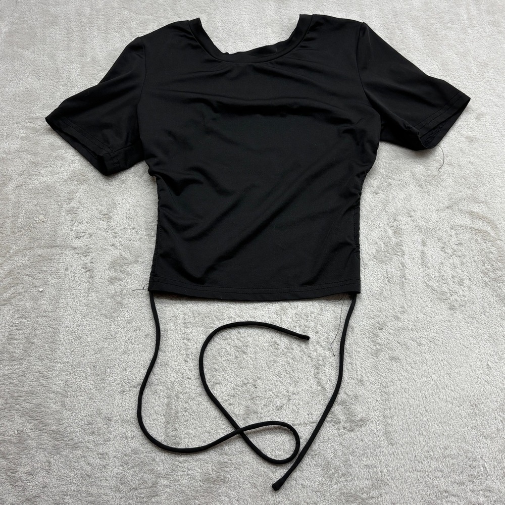 Hello Molly Open Back Top Women's XS Black Short Sleeve Tie Hem Sexy Night Out